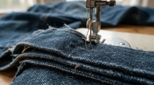 A mechanical sewing machine for denim hemming stitching through thick folded blue jeans in a bright studio.