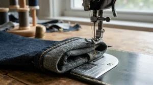 Showing a high presser foot lift on a mechanical sewing machine for denim hemming bulky jeans cuffs.