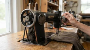 Operating the handwheel of a mechanical sewing machine for denim hemming to pass a bulky junction.