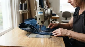 Using a mechanical sewing machine for denim hemming over an extra thick pant hem seam.
