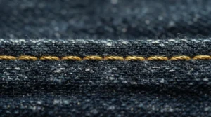 The stitch result from a mechanical sewing machine for denim hemming using thick gold topstitching thread.