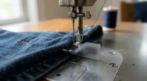 A mechanical sewing machine for denim hemming paired with a hump jumper tool to level thick seams.